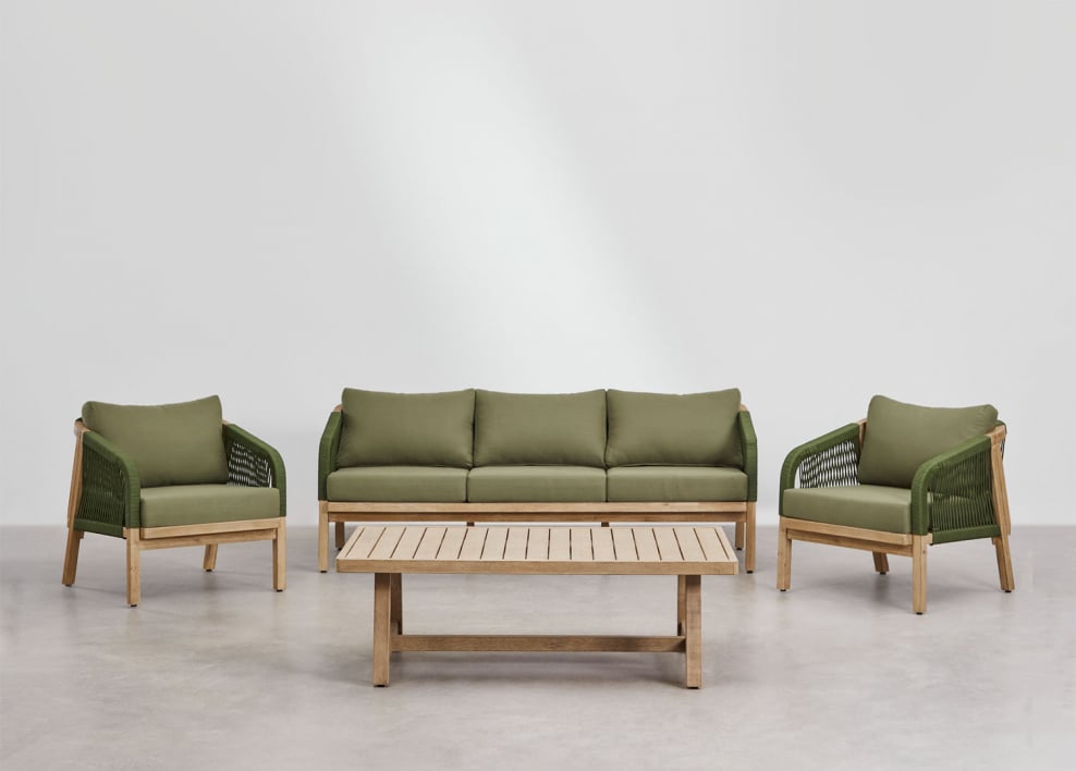 Ensemble de salon avec canapé 3 places, 2 fauteuils et table basse en bois d'acacia Dubai - Vert Militaire Clair