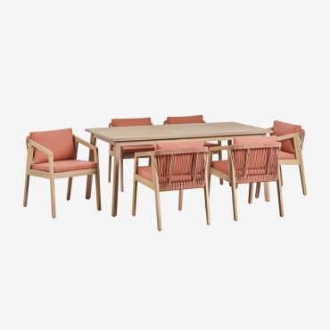 Ensemble Table Rectangulaire 180x90 Cm Et 6 Chaises De Jardin En Bois D'acacia Et Corde Tressée Kaela Tissu Tuile Rouge - Sklum