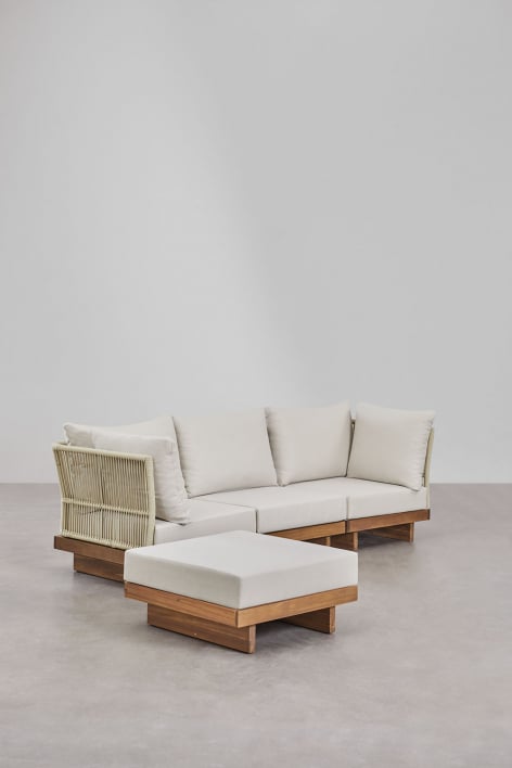 Canapé modulaire Dailin 3 pièces avec 2 fauteuils d'angle et pouf en bois d'acacia