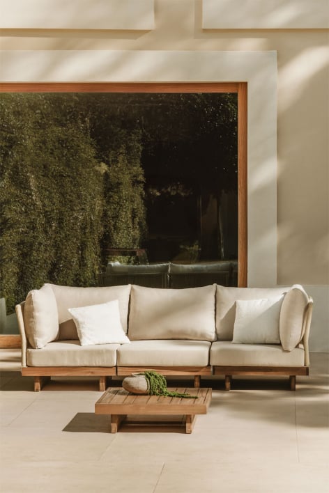 Ensemble de jardin avec canapé modulaire 3 pièces avec 2 fauteuils d'angle et table basse en bois d'acacia Dailin