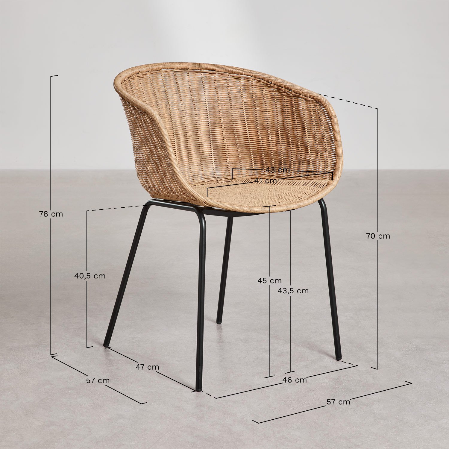 Pack de 4 chaises de salle à manger avec accoudoirs en rotin synthétique et fer Tulua, mesures