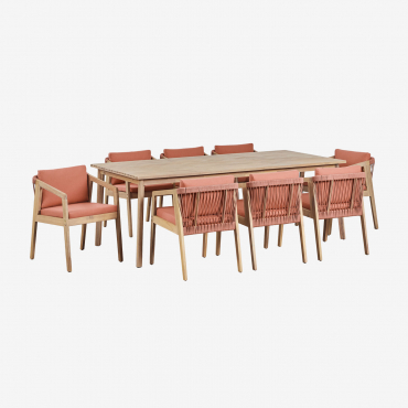 Ensemble Table Rectangulaire 220x100 Cm Et 8 Chaises De Jardin En Bois D'acacia Et Corde Tressée Kaela Tissu Tuile Rouge - Sklum