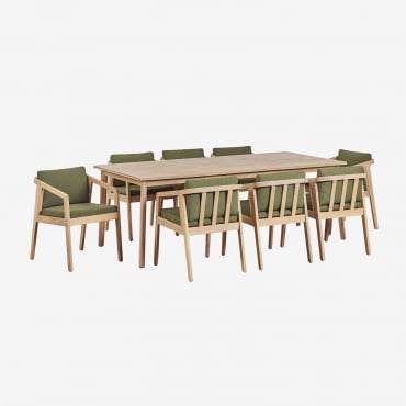 Ensemble Table Rectangulaire (220x100 Cm) Et 8 Chaises De Jardin En Bois D'acacia Kaela Bouclé Vert Militaire - Sklum