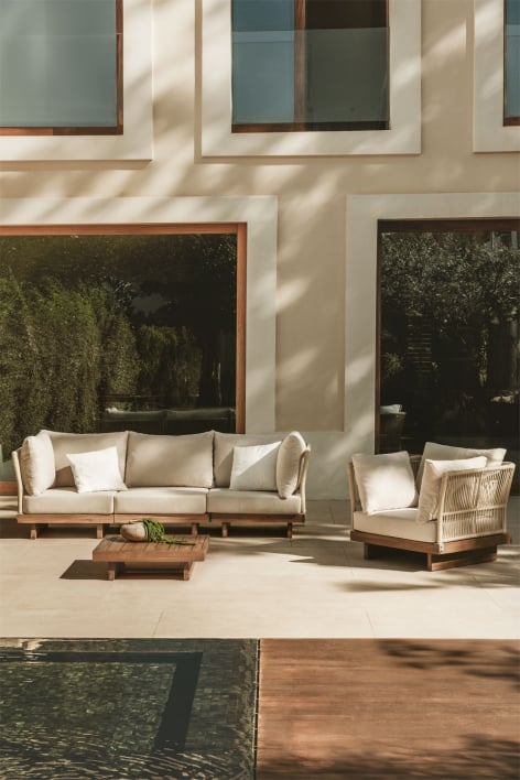 Ensemble de canapé modulaire Dailin 3 pièces avec 2 chaises d'angle, table basse et fauteuil en bois d'acacia