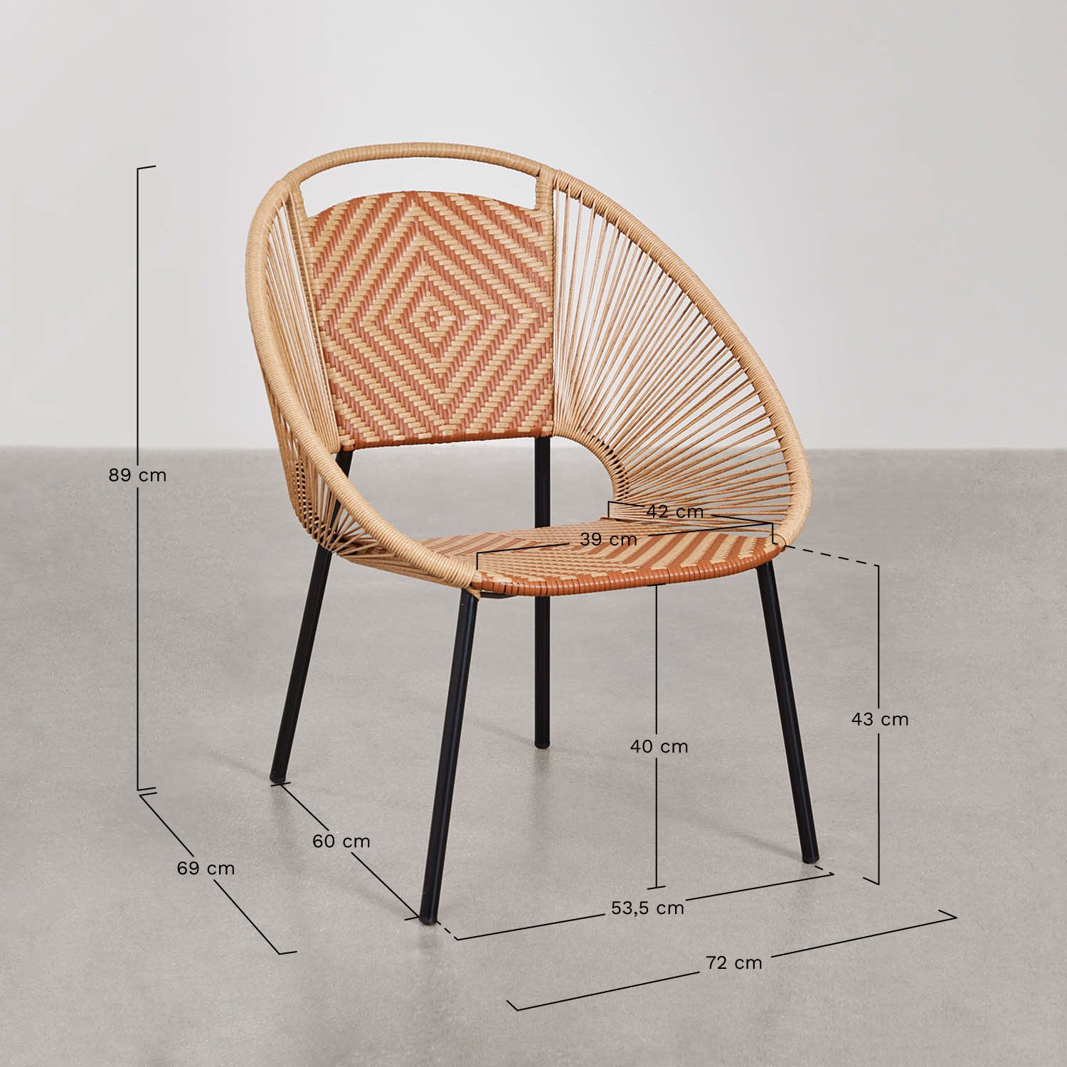 Pack de 4 chaises de jardin empilables en fer et osier synthétique Cintia, mesures