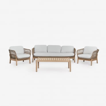 Salon De Jardin Karvia Composé D'un Canapé 3 Places, 2 Fauteuils Et Table Basse En Aluminium Et Bois D'acacia Tissu Blanc Gardenia - Sklum