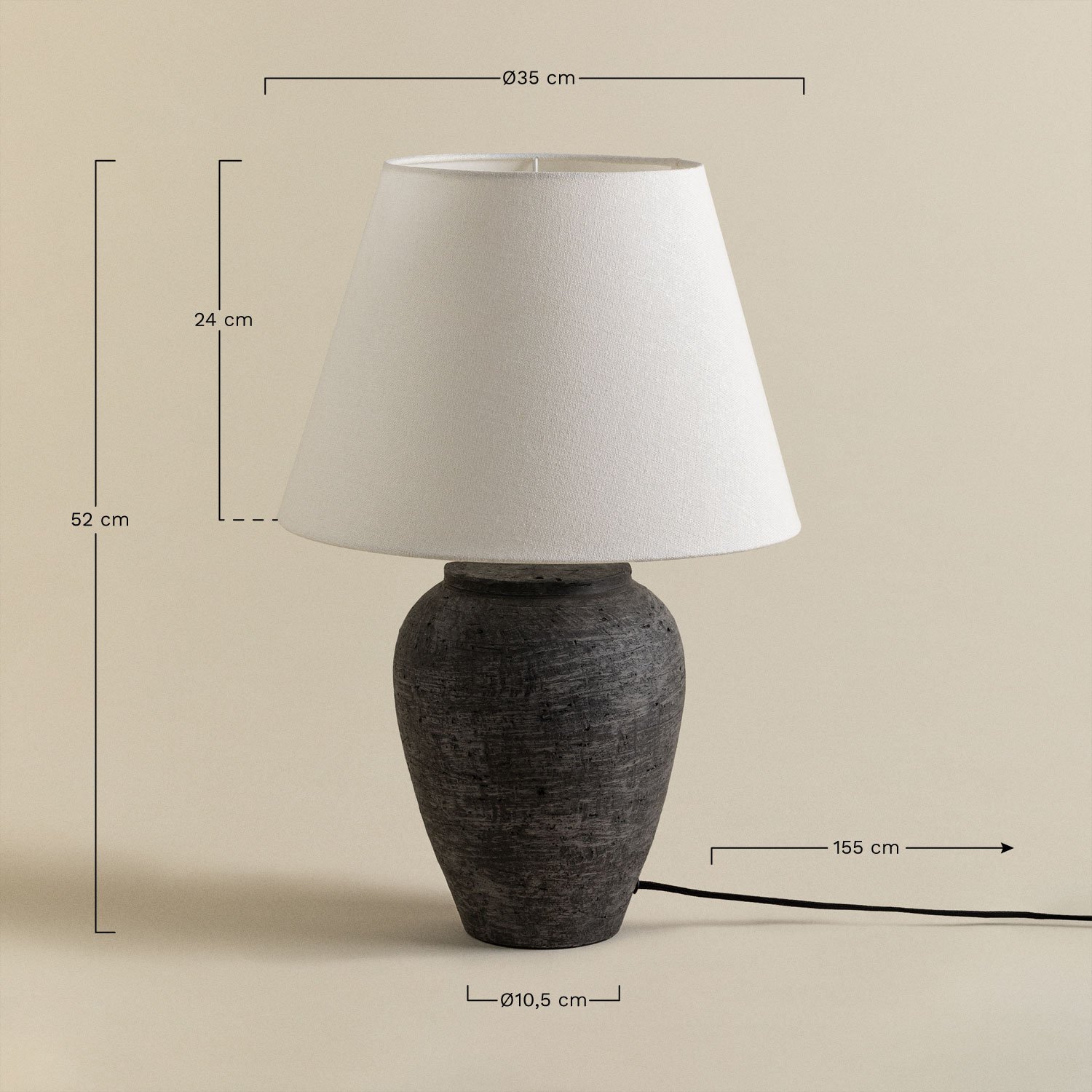 Lampe de table Ximena en lin et terre cuite, mesures
