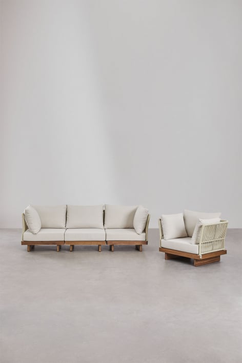 Ensemble de salon avec canapé modulaire 3 pièces comprenant 2 fauteuils d'angle et un fauteuil en bois d'acacia Dailin