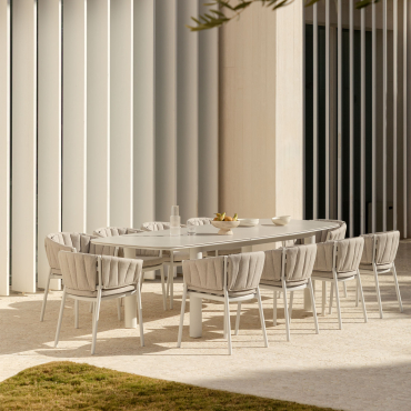 Ensemble De Table Extensible Rectangulaire 220-280x100 Cm En Céramique Zinti Et 10 Chaises De Jardin En Aluminium Et Tissu Roder Tissu Brun Sable -