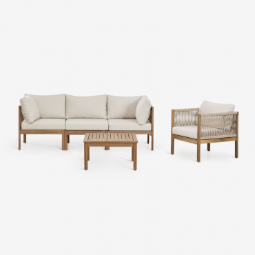 Ensemble De Salon Avec Canapé Modulable 3 Pièces Avec Accoudoirs, Fauteuil Et Table Basse En Bois D'acacia Branson Brun Acacia - Sklum