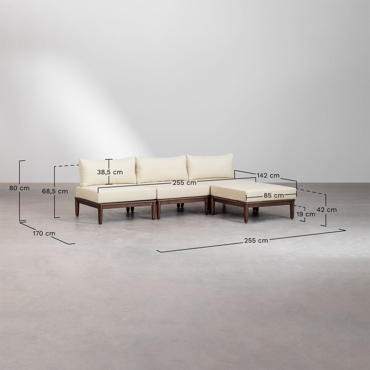 Ensemble de jardin avec canapé modulaire 3 pièces, table basse et pouf en acacia Giulia, mesures