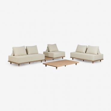 Ensemble De Salon Avec Canapé Modulaire De 2 Pièces Et Table D'appoint, Canapé Et Table Basse 160x95 Cm En Acacia Portet Blanc Gardenia - Sklum