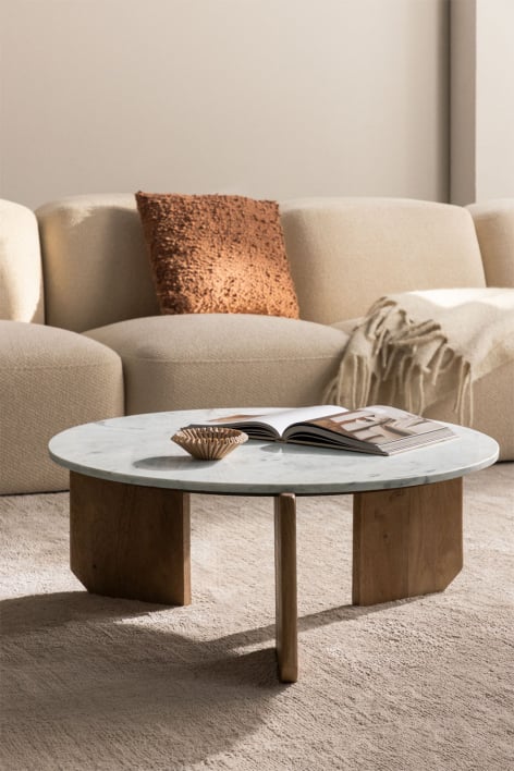 Table basse ronde en pierre naturelle et bois de manguier Lavinia