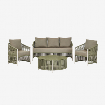 Ensemble De Jardin Composé D'un Canapé 2 Places, De 2 Fauteuils Et De Tables Basses En Aluminium Et Corde Tressée Sophie. Vert Militaire Clair - Sklum