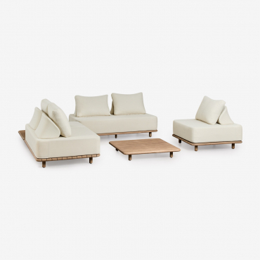 Ensemble De Jardin D'angle Modulable Portet 2 Pièces Avec Table D'appoint, Fauteuil Et Table Basse En Bois D'acacia Blanc Gardenia - Sklum