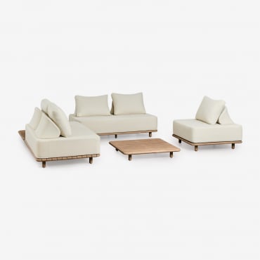 Ensemble De Salon Avec Canapé D'angle Modulable 2 Pièces, Table D'appoint, Fauteuil Et Table Basse 95x95 Cm En Acacia Portet Blanc Gardenia - Sklum