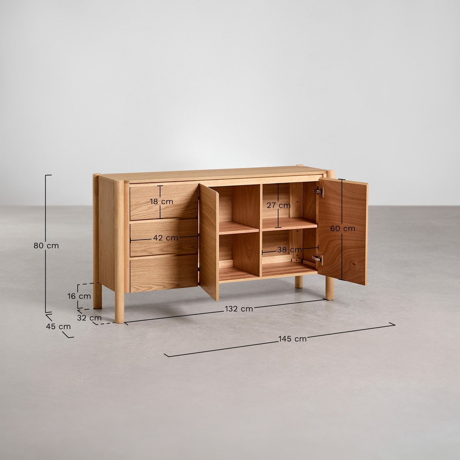 Buffet rectangulaire 145x45 cm en MDF plaqué chêne Munden, mesures