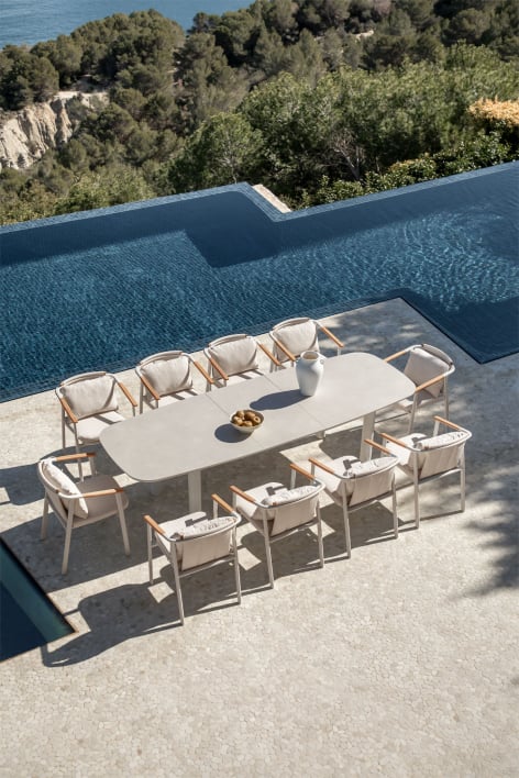 Set de table rectangulaire extensible 220-280x100 cm en céramique Zinti et 10 chaises de jardin en aluminium et tissu bouclé Yer