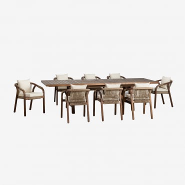Ensemble Table Rectangulaire Extensible 200-260-320x100 Cm Et 8 Chaises De Jardin Avec Accoudoirs En Bois D'acacia De Dubaï Blanc Gardenia - Sklum