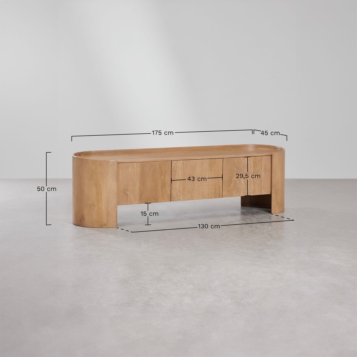 Meuble TV 175x50 cm en bois de manguier Sidney, mesures