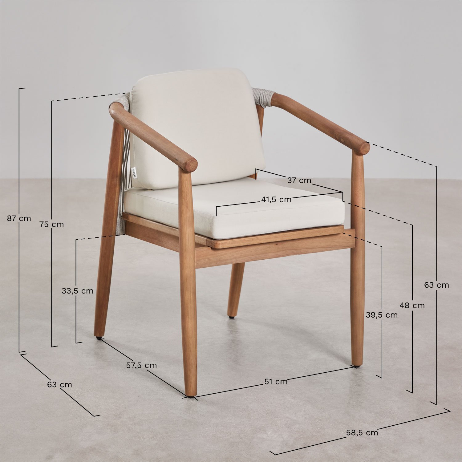 Chaise de salle à manger Aderyn avec accoudoirs en bois d'eucalyptus, mesures