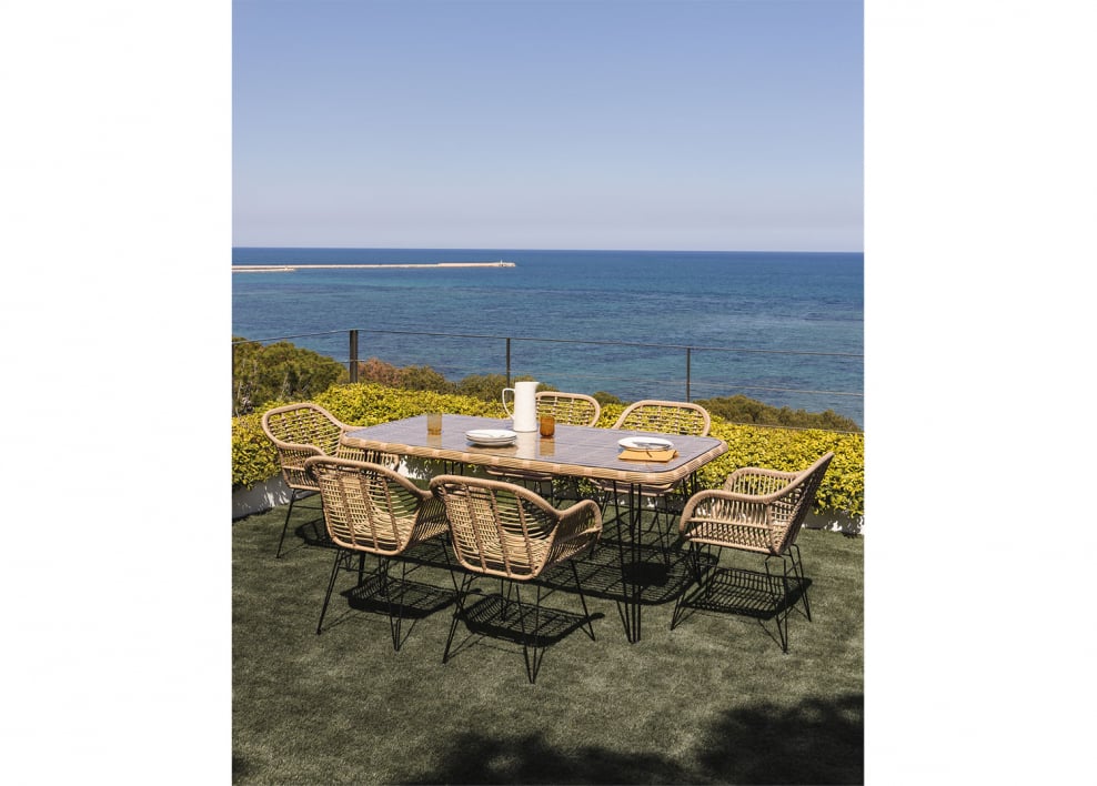 Ensemble table rectangulaire en osier synthétique Leribert (180x90 cm) et 6 chaises de jardin en osier synthétique Zole