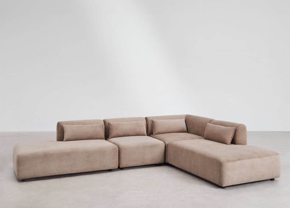 Canapé modulaire d'angle 4 pièces Fogler avec méridienne double - Velours Côtelé Camel Brun