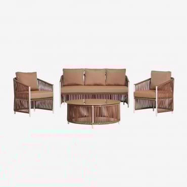 Ensemble De Jardin Composé D'un Canapé 2 Places, De 2 Fauteuils Et De Tables Basses En Aluminium Et Corde Tressée Sophie. Nu Brun - Sklum