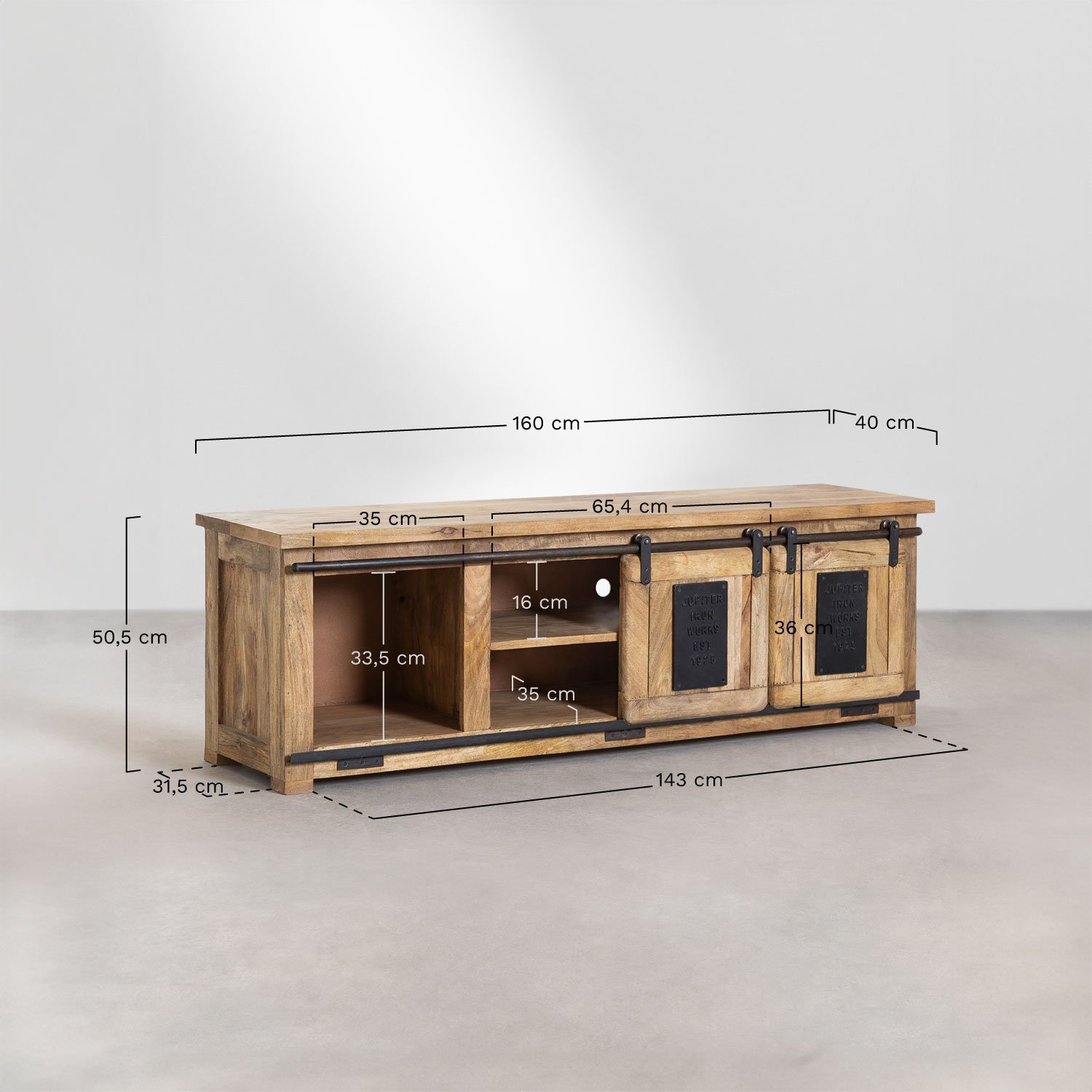 Meuble TV 160x40 cm en bois de manguier Uain, mesures