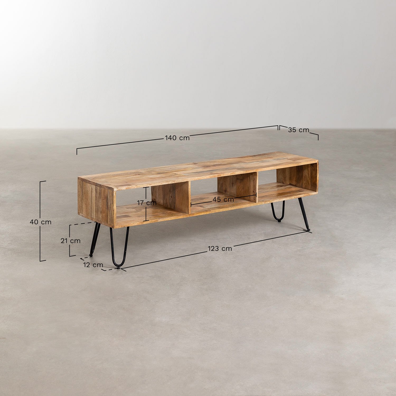 Meuble TV 140x35 cm en bois de manguier Dugan, mesures