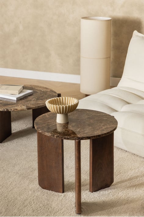 Table basse ronde en pierre naturelle et bois de manguier Lavinia - Marbre Brun Emperador