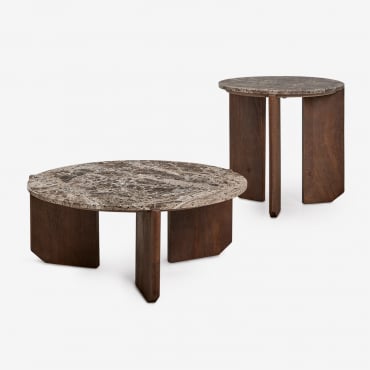 Ensemble De 2 Tables Basses Rondes En Pierre Naturelle Et Bois De Manguier Lavinia Marbre Brun Emperador & Poignée En Bois Foncé - Sklum