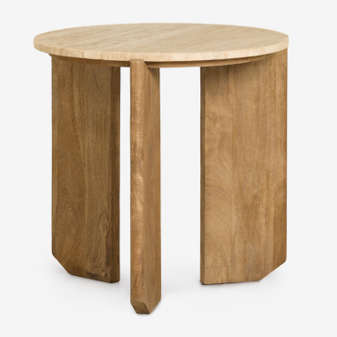 Table D'appoint Ronde Lavinia Ø50 Cm En Pierre Naturelle Et Bois De Manguier Travertine & Bois Naturel & Ø50 Cm - Sklum