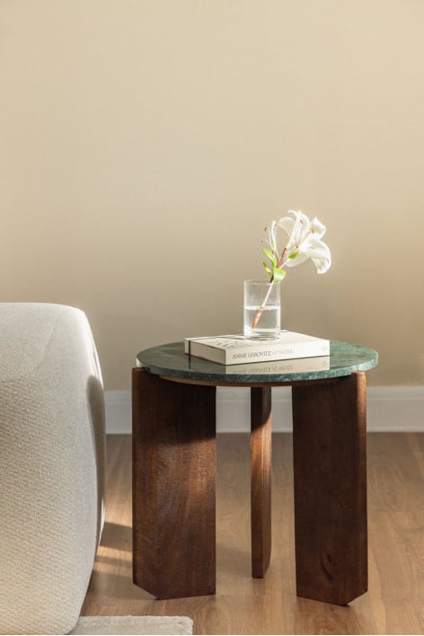 Table d'appoint ronde Ø50 cm en pierre naturelle et bois de manguier Lavinia - Marbre Vert Udaipur