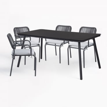Set De Table Rectangulaire 160x90 Cm Et 4 Chaises De Jardin Empilables En Corde Tressée Arhiza Gris Graphite - Sklum