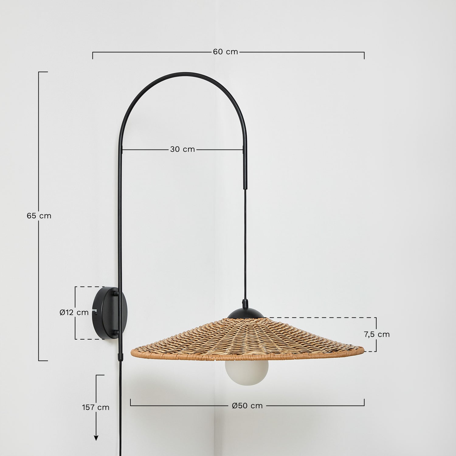Applique Sopant en fer et rotin synthétique, mesures