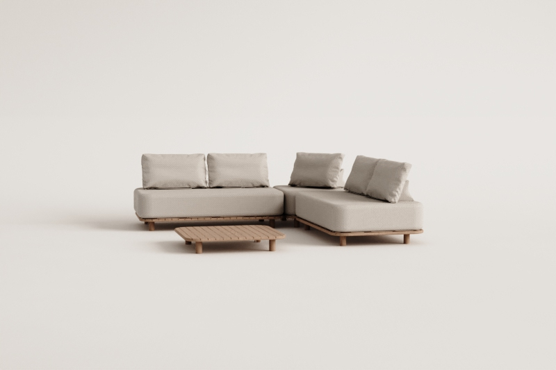 Ensemble de salon avec canapé d'angle modulaire 3 pièces et table basse 95x95 cm en acacia Portet