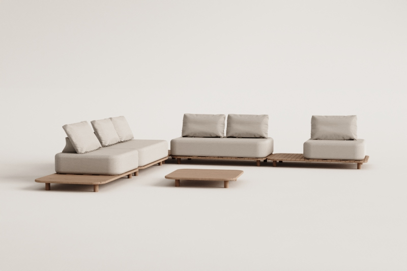 Ensemble de salon avec canapé d'angle modulaire 4 pièces avec table d'appoint et table basse 95x95 cm en acacia Portet