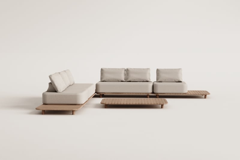 Ensemble de salon avec canapé d'angle modulable 4 pièces avec table d'appoint et table basse, 160 x 95 cm, en acacia Portet.