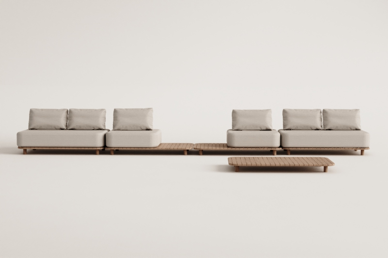 Ensemble de salon avec canapé modulaire 4 pièces, table d'appoint et table basse 160x95 cm en acacia Portet