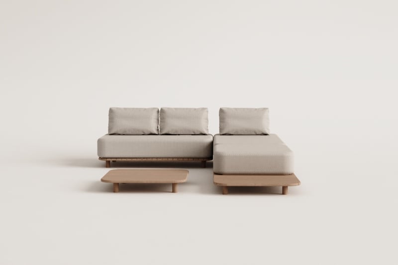 Ensemble de salon avec canapé méridienne modulable 3 pièces avec table d'appoint et table basse 95x95 cm en acacia Portet