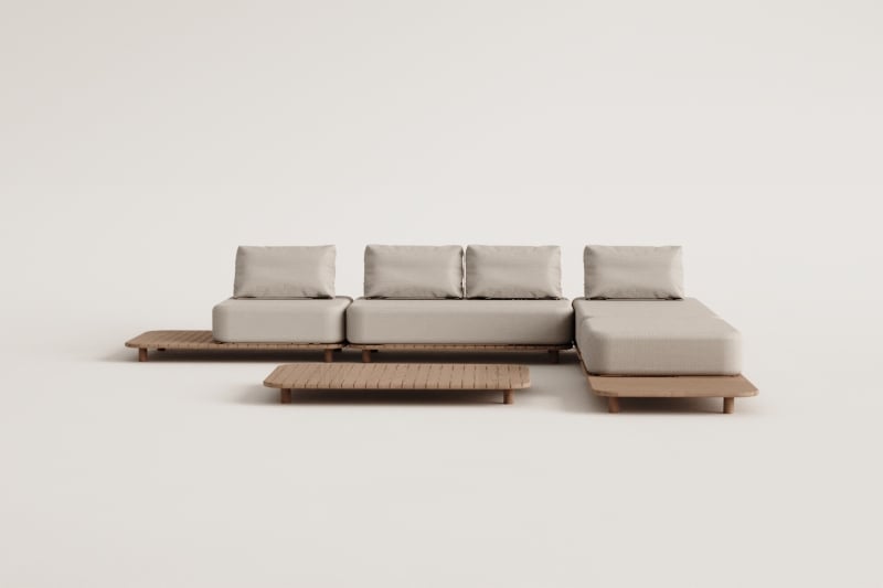 Ensemble de jardin avec canapé modulaire chaise longue 4 pièces avec table d'appoint et table basse 160x95 cm en acacia Portet