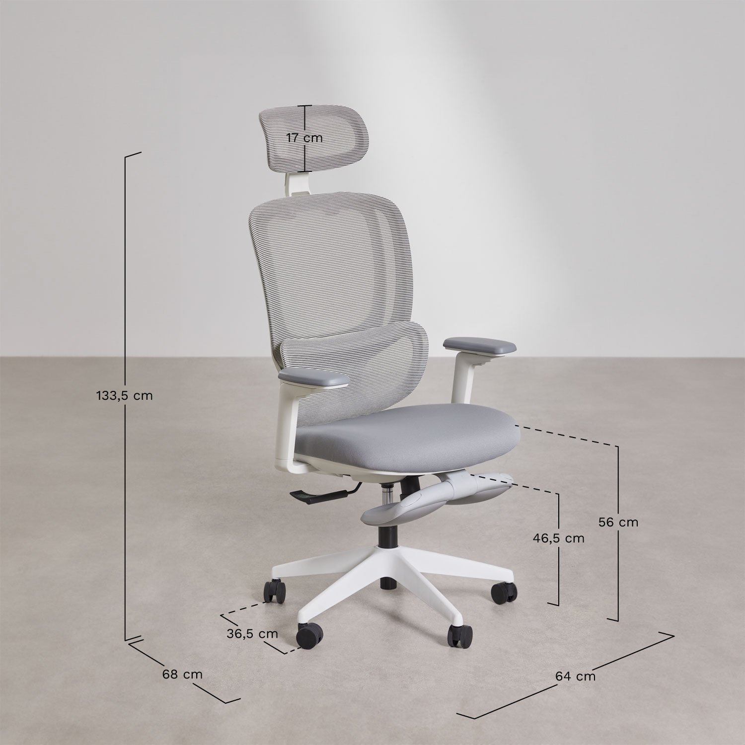 Chaise de bureau avec roulettes, accoudoirs et repose-pieds Saubion, mesures