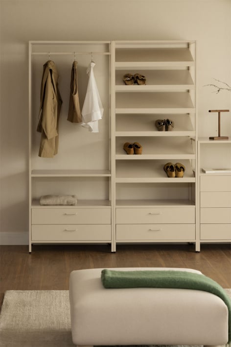 Armoire modulaire ouverte Janine 2 pièces avec tiroirs et étagère à chaussures en acier