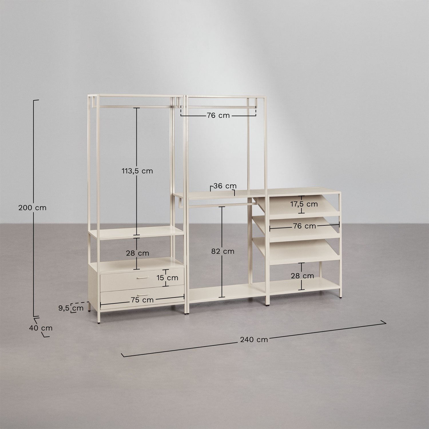 Armoire modulaire ouverte Janine 3 pièces avec étagère à chaussures basse en acier, mesures