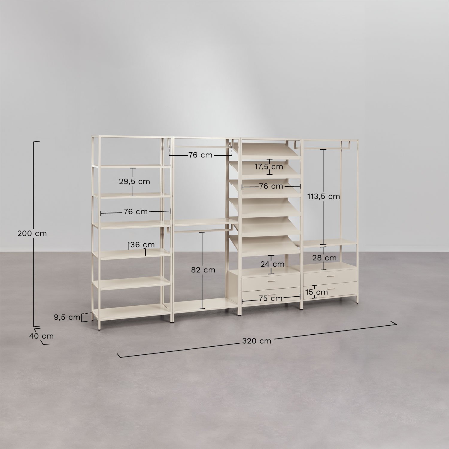 Armoire modulaire ouverte Janine 4 pièces avec étagères en acier, mesures