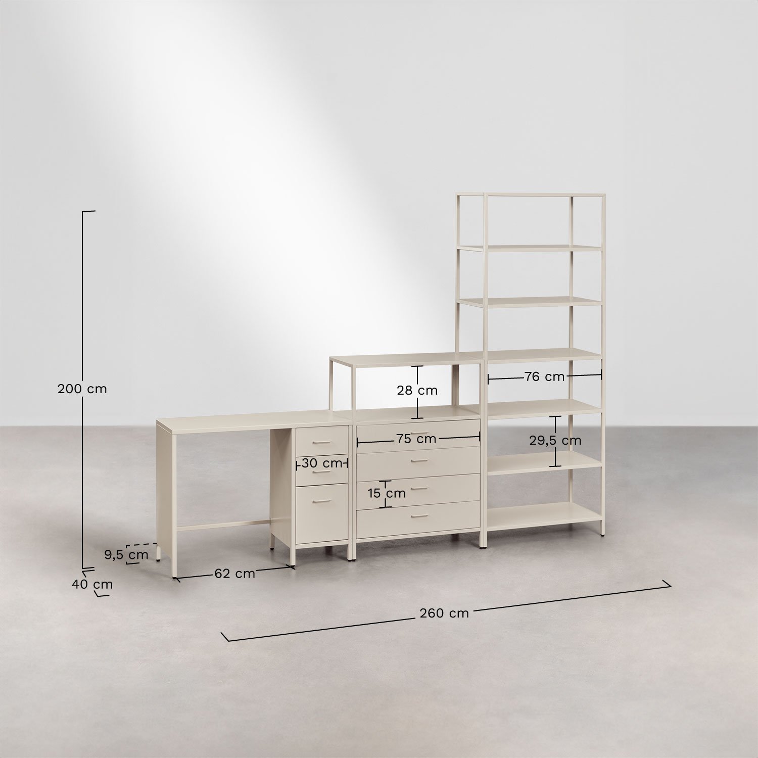 Set de bureau avec tiroirs, caisson et étagère en acier Janine, mesures