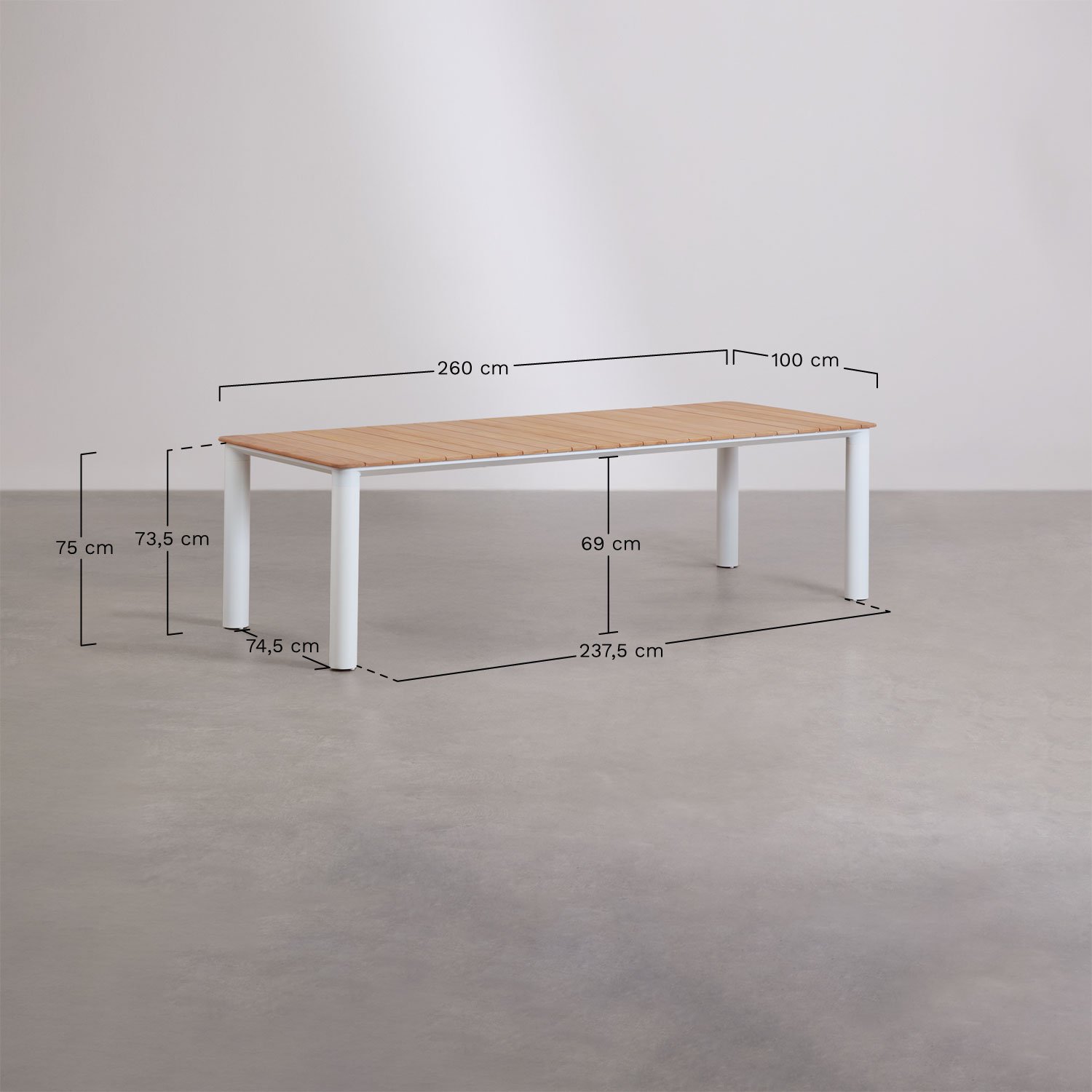 Ensemble table rectangulaire 260x100 cm en aluminium et bois de teck Sirka et 10 chaises de jardin en aluminium et tissu bouclé , mesures