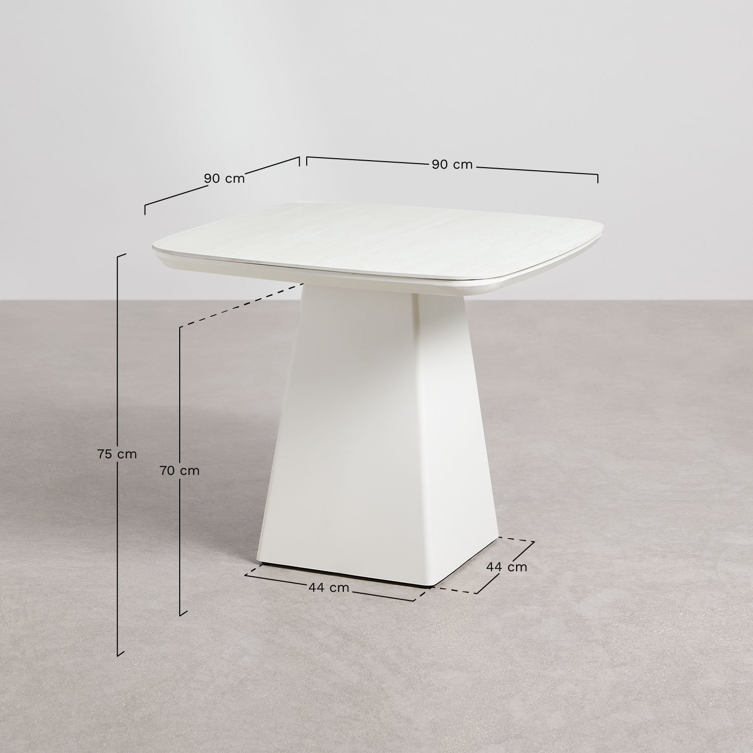 Set de table carrée 90x90 cm en pierre sinterisée et aluminium Inkeri et 4 chaises de jardin empilables avec accoudoirs Alberta, mesures