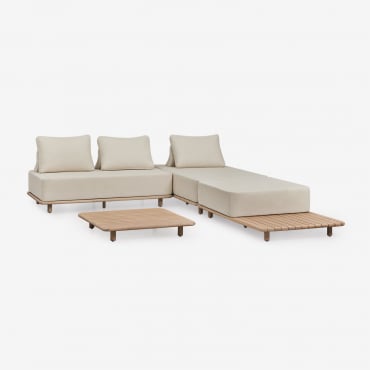 Ensemble De Salon Avec Canapé Méridienne Modulable 3 Pièces Avec Table D'appoint Et Table Basse 95x95 Cm En Acacia Portet Blanc Gardenia - Sklum